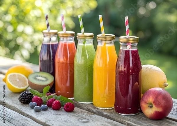 Fototapeta Assortment of freshly squeezed juices in glass bottles with fruits on rustic wood