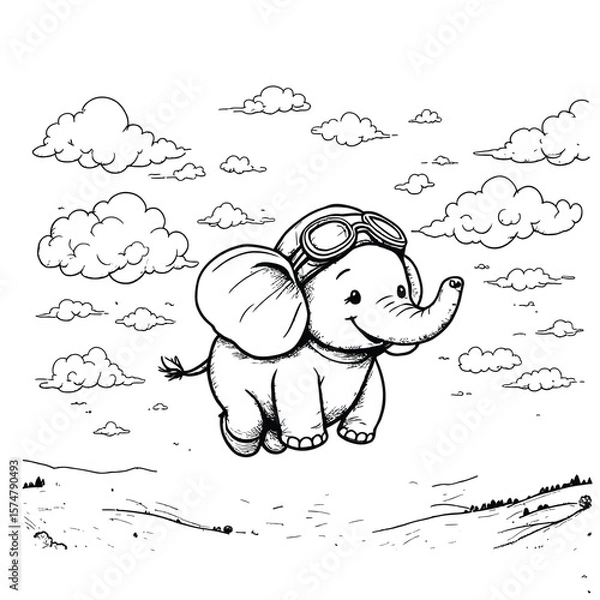 Fototapeta Skyward Safari  Cartoon Elephant with Aviator Goggles Soaring through Fluffy Clouds above a Scenic Tree-Lined Landscape in Whimsical Style