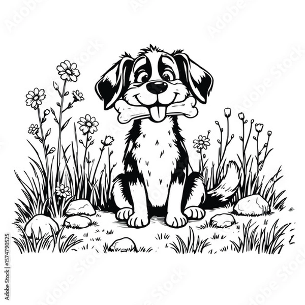 Fototapeta Cheerful Pup Picnic  Cartoon Dog Sitting with a Giant Bone in Its Mouth Amid Grass, Flowers, and Rocks in a Whimsical Nature Scene