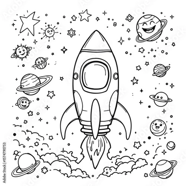 Fototapeta Galactic Joyride  Cartoon Rocket Launching into Space Amid Smiling Planets, Stars, and Clouds in a Whimsical Black and White Universe