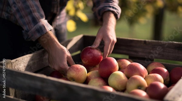 Fototapeta Man placing ripe apples into wooden crate in farm orchard  