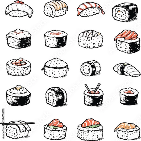 Fototapeta Sushi Variety Parade  Iconic Food Illustrations Featuring Assorted Nigiri, Maki, and Garnished Rolls with Unique Ingredients and Shapes