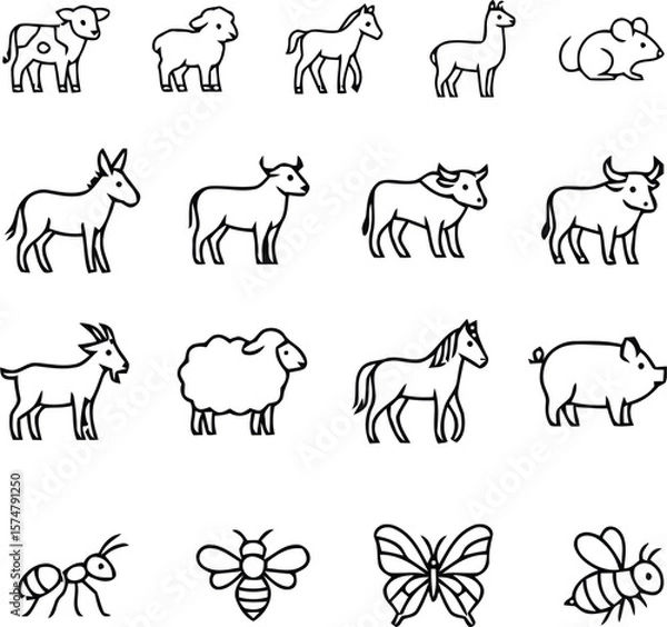 Fototapeta Animal Silhouette Grid  Monochrome Line Icons Depicting Farm Animals, Insects, and Equines in a Clean 4x4 Composition for Thematic Use
