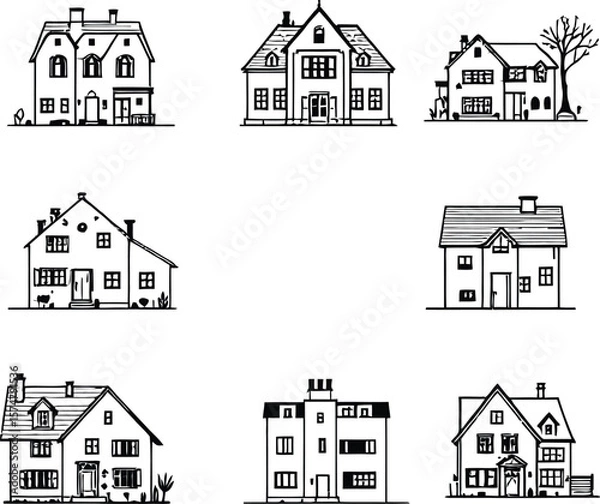 Fototapeta Residential Icon Set  Monochrome Illustrations of Six Unique Houses with Distinct Rooflines, Windows, and Entryways in Grid Format