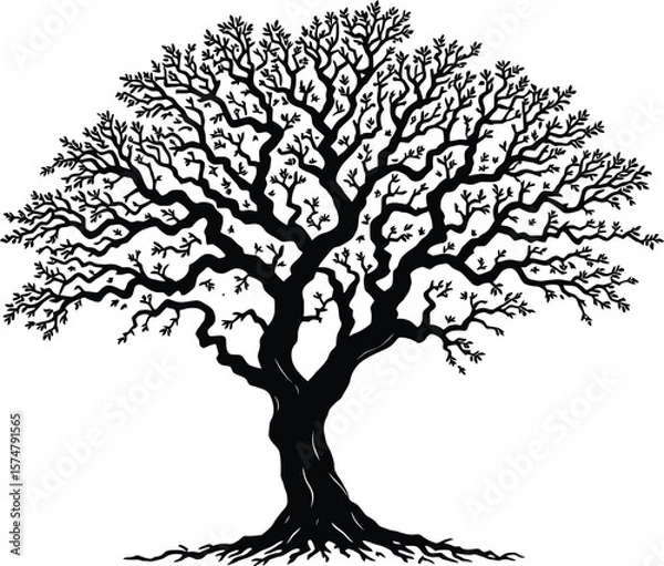 Fototapeta Tree of Depth  Monochrome Silhouette of a Fully Branched Tree with Spreading Roots and Foliage, Ideal for Nature Symbolism and Design Use