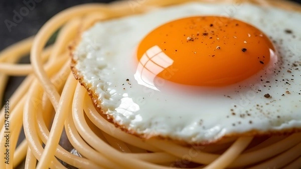 Obraz Close-Up of Fried Egg on Spaghetti with Black Pepper