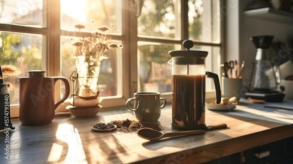 Fototapeta Golden Morning Coffee Brew: A French Press Still Life bathed in Sunlight and highlighting a Muted Color Palette, Creating a Cozy Vibe.