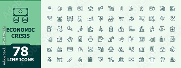 Fototapeta Set of Economic Crisis line icon. Economic outline icons pack. Minimalist linear icons. Bankruptcy icon set. Editable stroke. Vector collection.