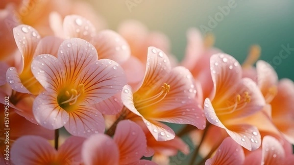 Obraz Macro photography of freshly cut flowers covered with dew, pastel colors, the atmosphere of a morning garden, poetic and romantic mood