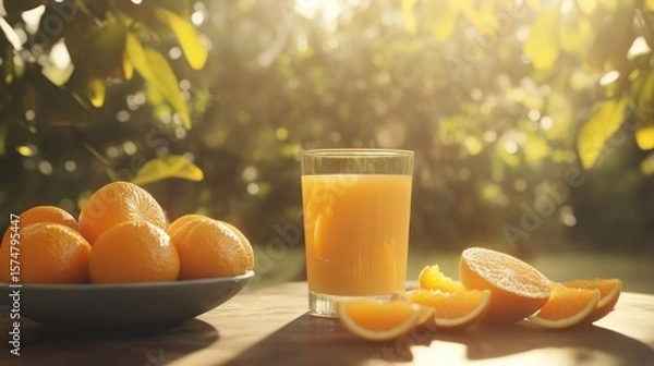 Obraz Fresh orange juice, orchard setting, sunlit background, healthy breakfast