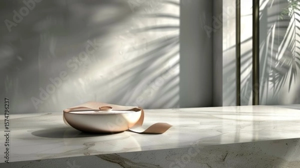 Fototapeta Minimalist still life featuring a stylish bowl with soft fabric detail, bathed in natural light and casting intriguing shadows on textured surfaces