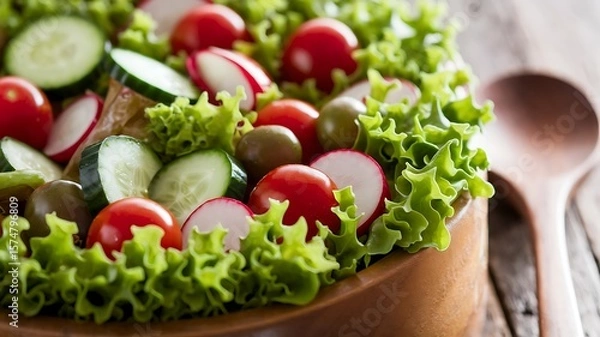 Obraz Crisp green salad in a large bowl, fresh lettuce leaves glistening with olive oil.