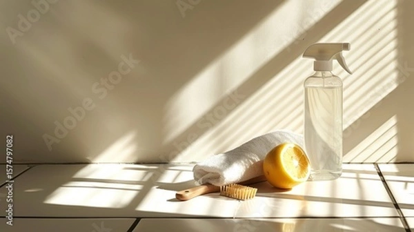 Fototapeta Natural Cleaning Still Life Displaying Lemon, Spray Bottle, Brush and Towel With Sunlight and Shadows Over Tiled Surface and Painted Wall