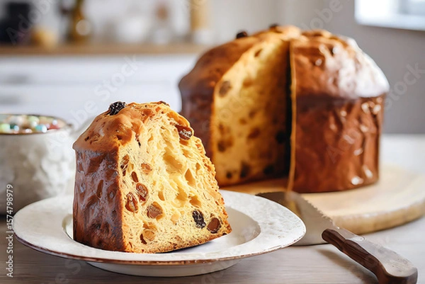 Fototapeta A slice of panettone showcasing its fluffy texture and candied fruits, with a whole panettone behind.