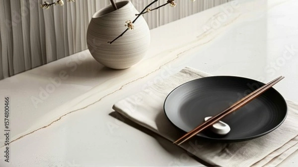 Fototapeta Elegant Dining Setup: Minimalist Design with Black Plate, Wooden Chopsticks, Ceramic Vase and Modern Neutral Background on White Marble Countertop