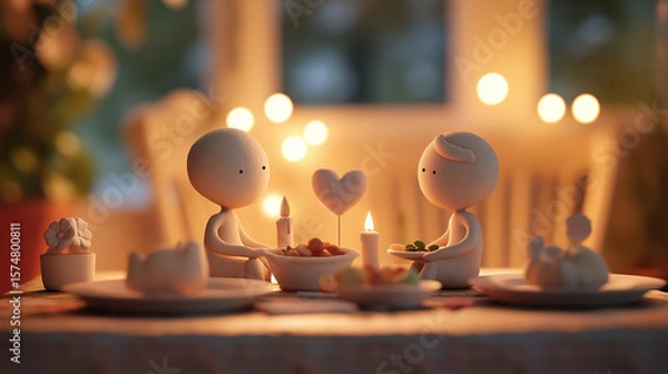 Fototapeta Romantic dinner table setting with candlelight and heart decor  