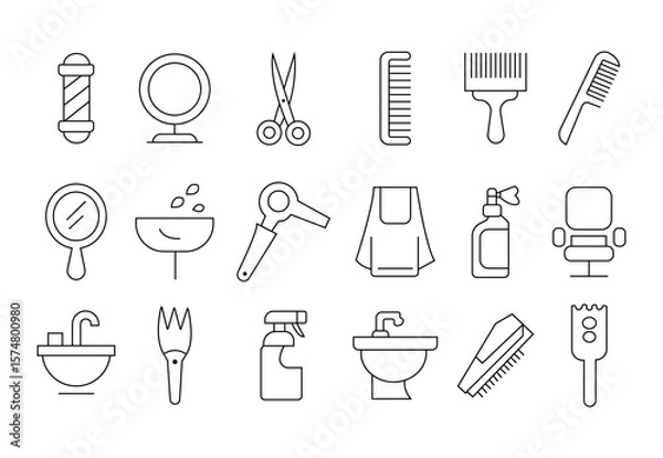 Fototapeta salon icon set.editable stroke line  razor blade, chair, sprayer more .vector illustration.