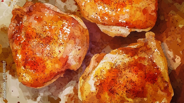 Fototapeta Cooked chicken thighs seasoned with spices in a colorful presentation  