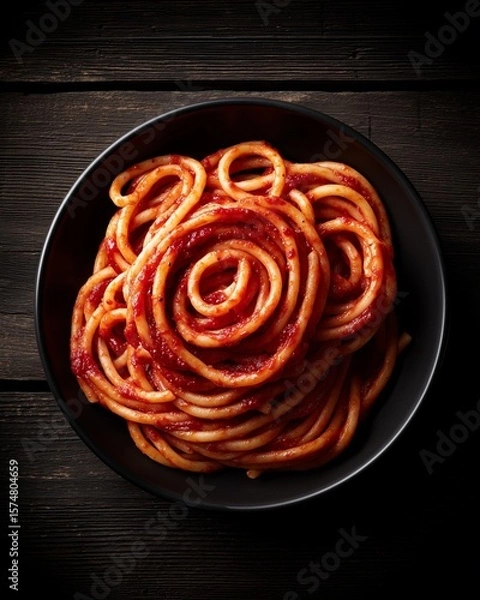 Fototapeta A sophisticated, home-cooked meal seen from directly above. The painterly chiaroscuro lighting gives the scene a warm, indulgent mood, focusing on the appetizing textures of the pasta.

