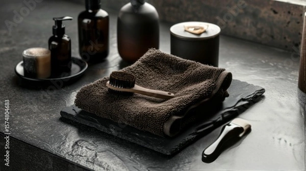 Fototapeta Elegant bathroom arrangement featuring brown towel, brushes, soap dispensers and stylish accessories on a dark stone surface creating a spa-like ambiance.
