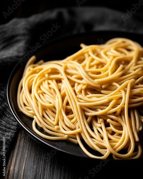 Fototapeta An overhead flat lay of an artisanal pasta dinner. The dark, moody lighting creates deep shadows, highlighting the rich textures of the food and the rustic, elegant table setting.

