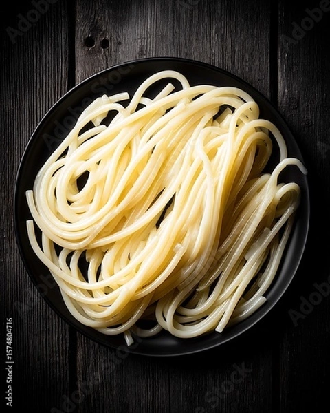 Fototapeta An overhead flat lay of an artisanal pasta dinner. The dark, moody lighting creates deep shadows, highlighting the rich textures of the food and the rustic, elegant table setting.

