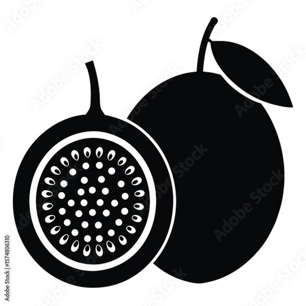 Obraz Simple Passion Fruit Silhouettes Whole and Half Cut Vector Graphics
