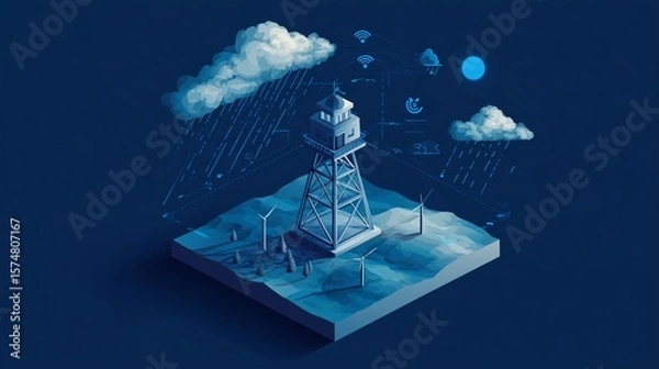 Fototapeta Minimalist isometric illustration of a weather radar station surrounded by rain, clouds, and wind icons — clean, infographic style