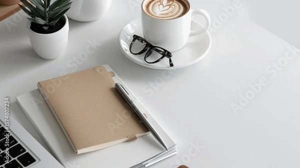 Fototapeta Minimalist Workspace Setup Featuring Coffee, Notebook, Pen, Glasses, and Laptop on a Clean White Surface for Enhanced Productivity
