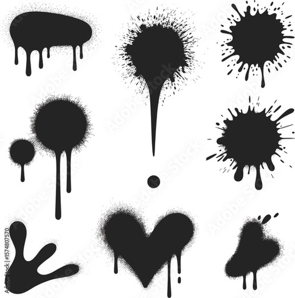 Obraz Set of 9 black dripping spray paint splatter icons, graffiti style ink blots, grunge heart shapes, urban art elements