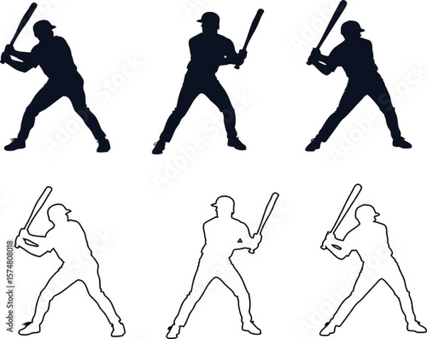 Fototapeta Silhouette and outline vector icon set of a baseball player with a bat, in black, for team branding and icons.