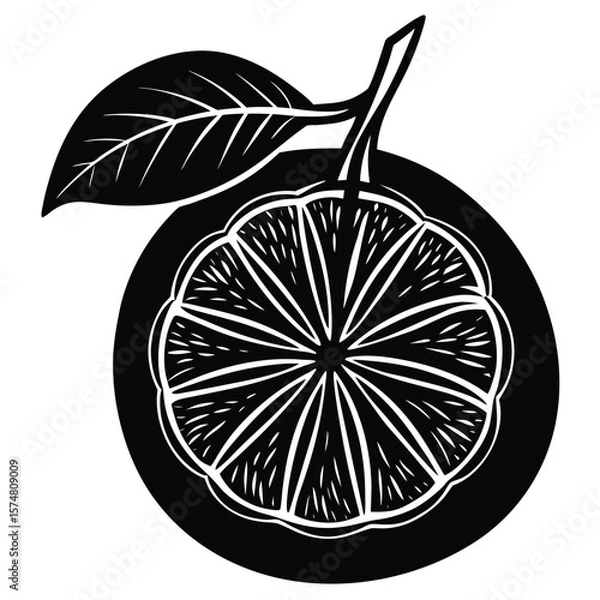 Obraz Tangerine Segmented Silhouette with Single Leaf Minimalist Fruit Design Illustration