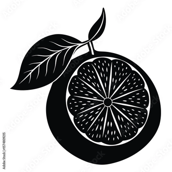 Obraz Tangerine Slice Silhouette with Single Leaf Black Graphic Element Design