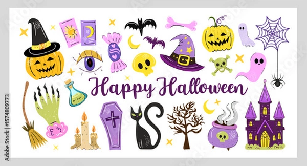 Fototapeta Happy Halloween collection cute spooky with pumpkins ghosts candy bats witch hat haunted house and fun elements perfect for prints stickers cards and kids decor. Vector illustration