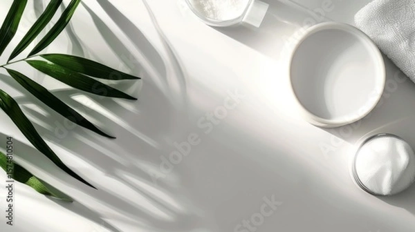 Fototapeta Minimalist beauty: Palm leaves cast shadows over white bowls and cream containers on clean surface, a serene spa-like composition.