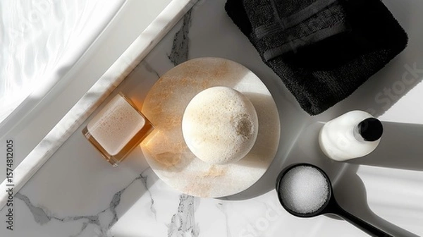 Fototapeta Luxurious Spa Day Still Life: Bath Bomb, Soap, Towel, and Aromatherapy on a Marble Surface Creating a Calm and Relaxing Ambiance
