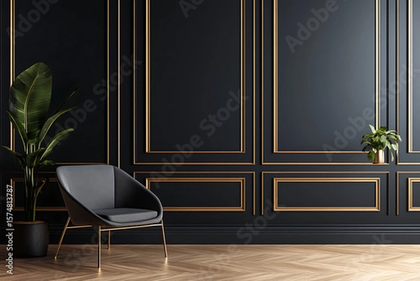 Fototapeta Black Panel Wall with Gold Trim and Modern Interior Decor