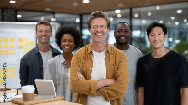 Fototapeta Agile Scrum Huddle in Modern Office Setting