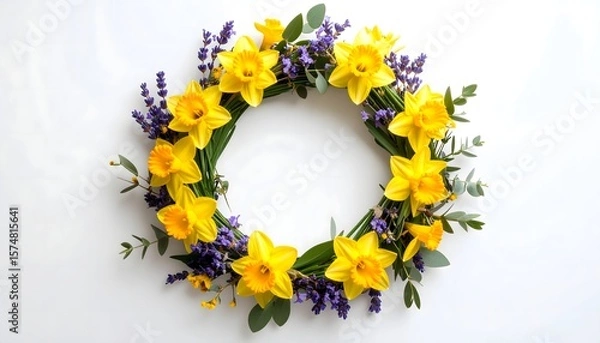 Fototapeta Elegant Floral Wreath of Daffodils and Lavender for Spring Decor