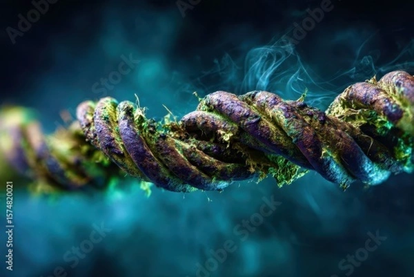 Fototapeta A rope is twisted and tangled, with a green substance growing on it