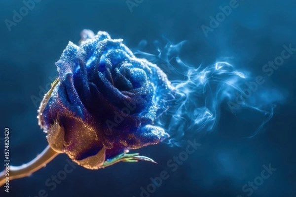 Fototapeta A blue rose with glitter on it is surrounded by smoke