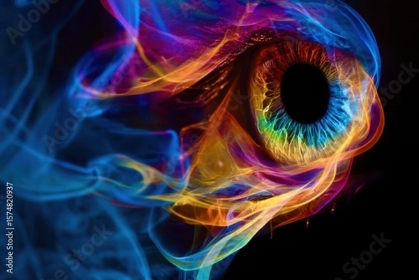 Fototapeta A colorful eye with a black pupil is surrounded by smoke