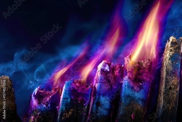 Fototapeta A pile of wood with purple and blue flames coming out of it