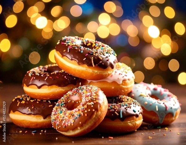 Fototapeta Generated image: Assortment of Glazed Donuts with Sprinkles