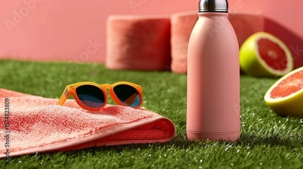 Fototapeta Vibrant Beach Day Essentials: Pink Bottle, Orange Sunglasses, and Refreshing Grapefruit Halves on Artificial Turf Evoking Sunny Relaxation