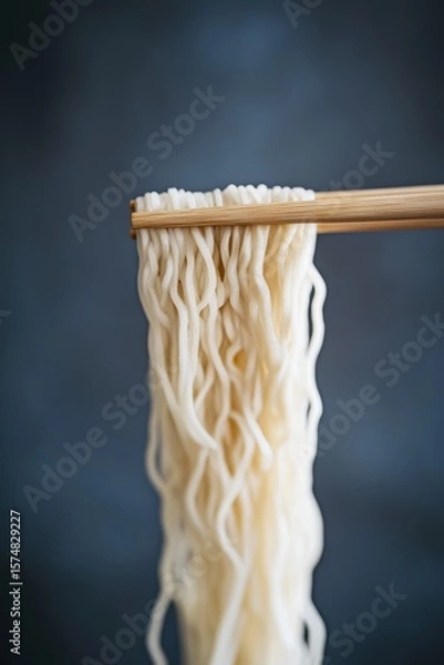 Fototapeta A pair of chopsticks picking up noodles or ramen. Holding noodle with chopsticks. chopsticks to pick up neatly long noodles in the air. 