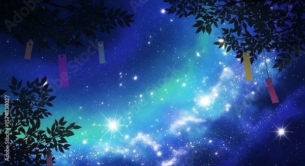 Fototapeta Enchanting Celestial Panorama Under a Starry Night Sky with Delicate Tree Branches and Colorful Decorations