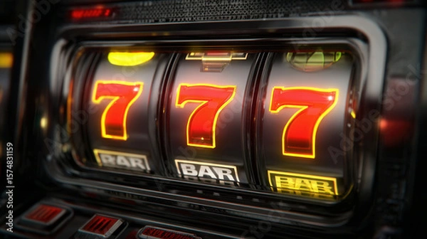 Fototapeta Vibrant 3D render of a slot machine illuminated with neon lights showcasing glowing numbers and casino allure