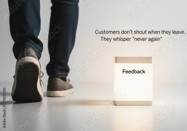 Fototapeta If They Go Quiet, They’re Gone - A customer walks away from a glowing feedback box, symbolizing silent exits and ignored warning signs.