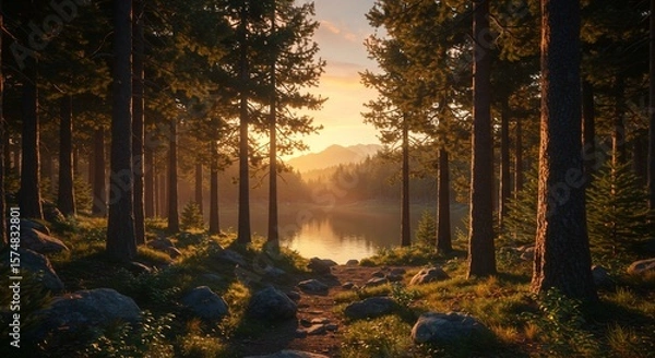 Fototapeta Forest path to lake at dawn